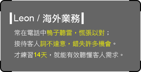 常在電話中鴨子聽雷，慌張以對；接待客人詞不達意，錯失許多機會。才練習14天，就能有效聽懂客人需求。